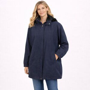 Navy Faux Fur Lined Hood Insulated Coat Classic Fall Preppy Ski Travel Winter